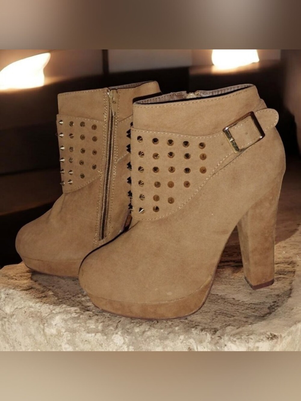 NWOT "Beyond" Tan Suede Studded Platform Booties – Size 6